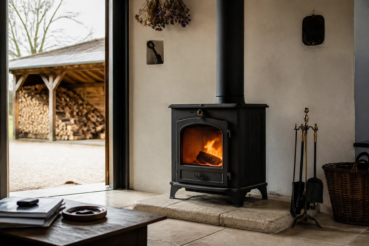 Poêle à bois moderne dans une maison avec bûches sèches stockées sous un abri ventilé