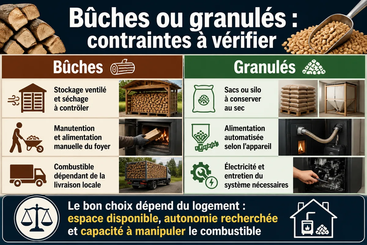 Infographie comparant les contraintes de stockage et d'utilisation des bûches et des granulés de bois